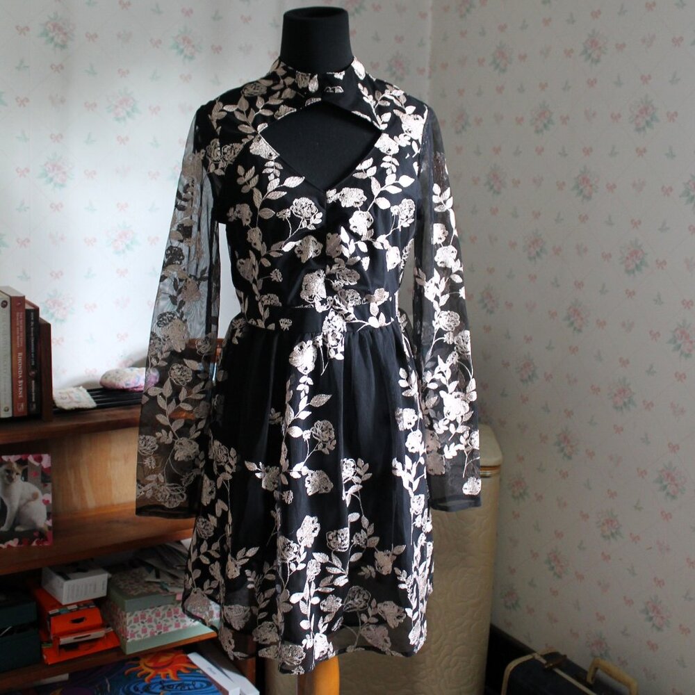 Altar'd State Black Dress w/ Gold Embroidered Flowers, Party Dress, Small/Medium